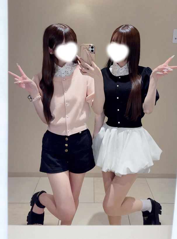 2Wayリボン付きドット柄レイヤード風ニットトップス