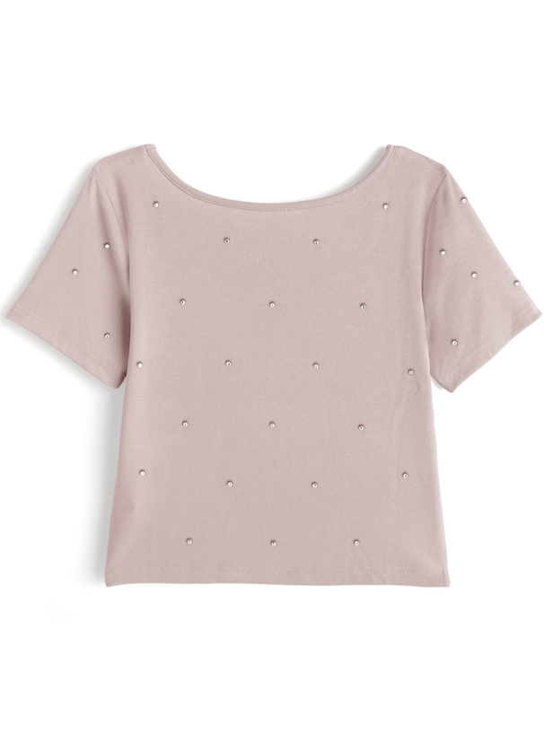 ラインストーンロゴ刺繍ショート丈Tシャツ