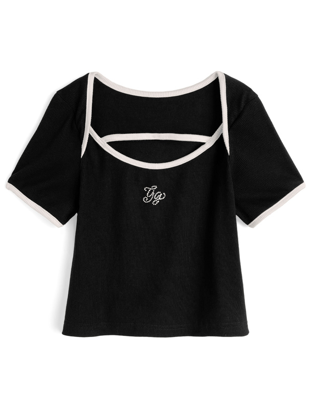 ラインストーンロゴパンピングリブTシャツ