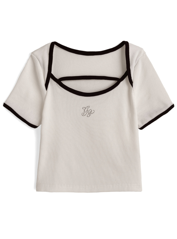 ラインストーンロゴパンピングリブTシャツ