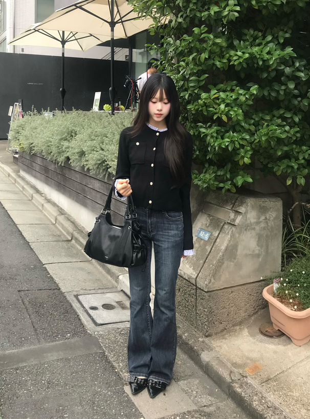2Wayストライプ柄フリルレイヤード風ニットカーディガン