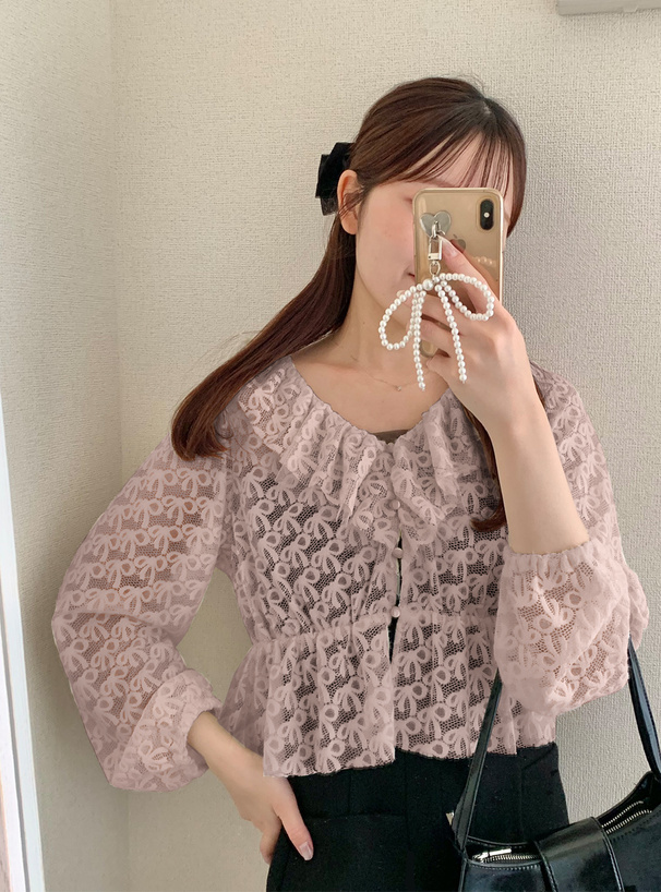 レースリボンフリルペプラムブラウス