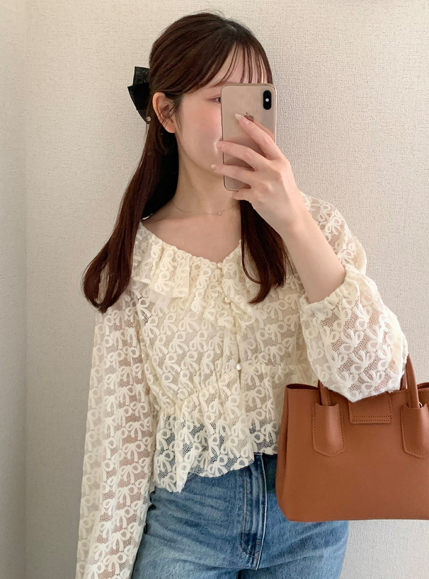 レースリボンフリルペプラムブラウス