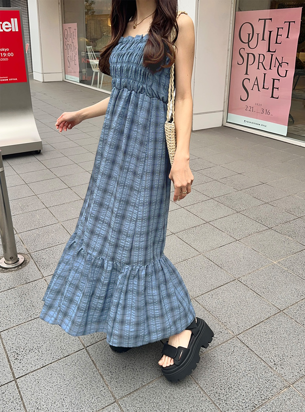前後2Wayチェック柄フレアロングワンピース