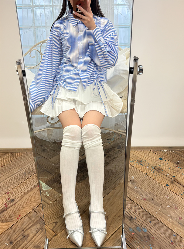 ストライプ柄ギャザーショート丈シャツ