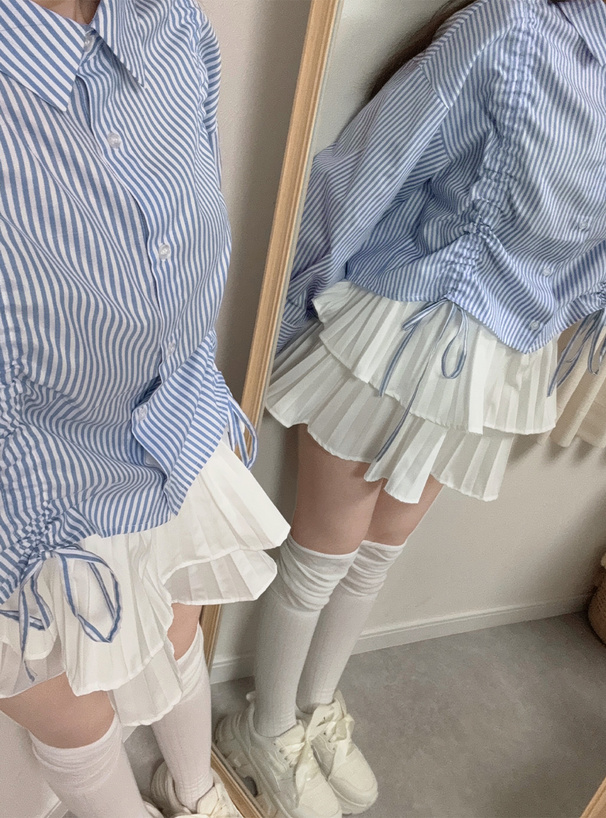ストライプ柄ギャザーショート丈シャツ