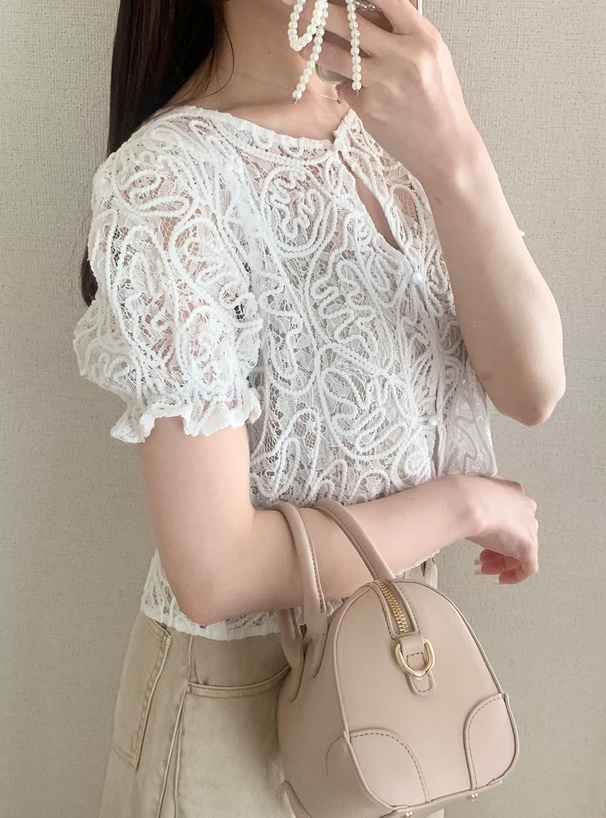 ライン刺繍レースフリルブラウス
