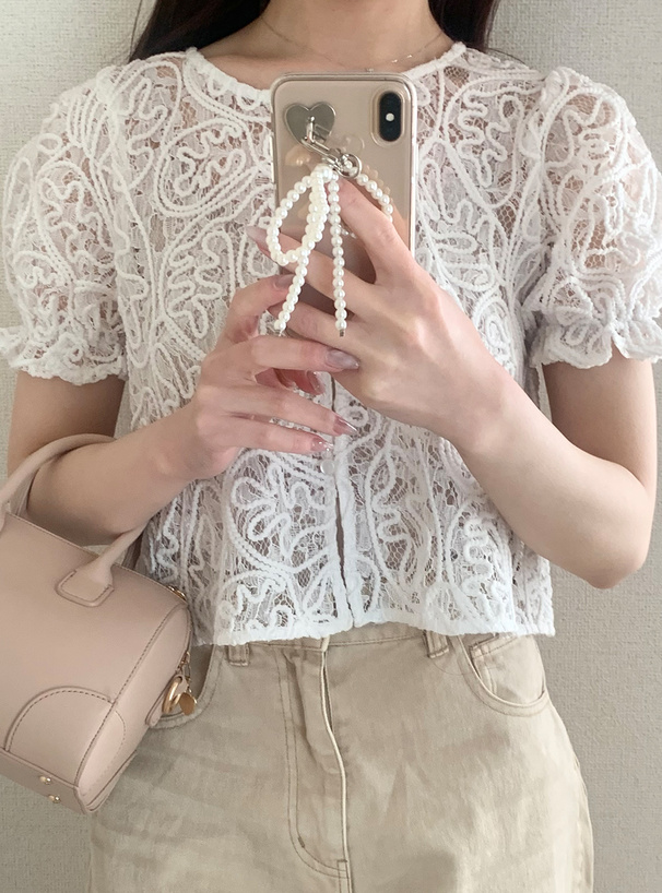 ライン刺繍レースフリルブラウス