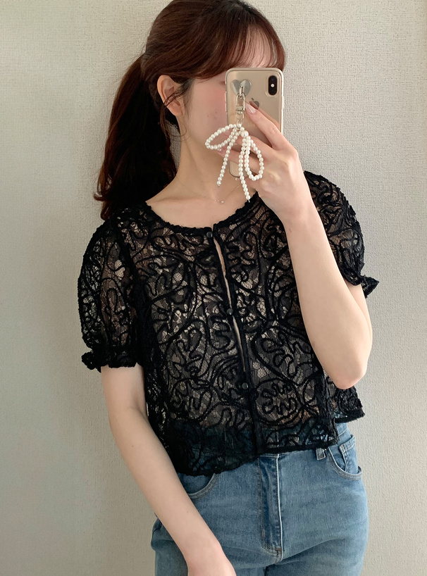 ライン刺繍レースフリルブラウス