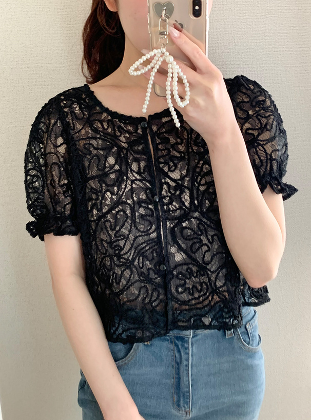 ライン刺繍レースフリルブラウス