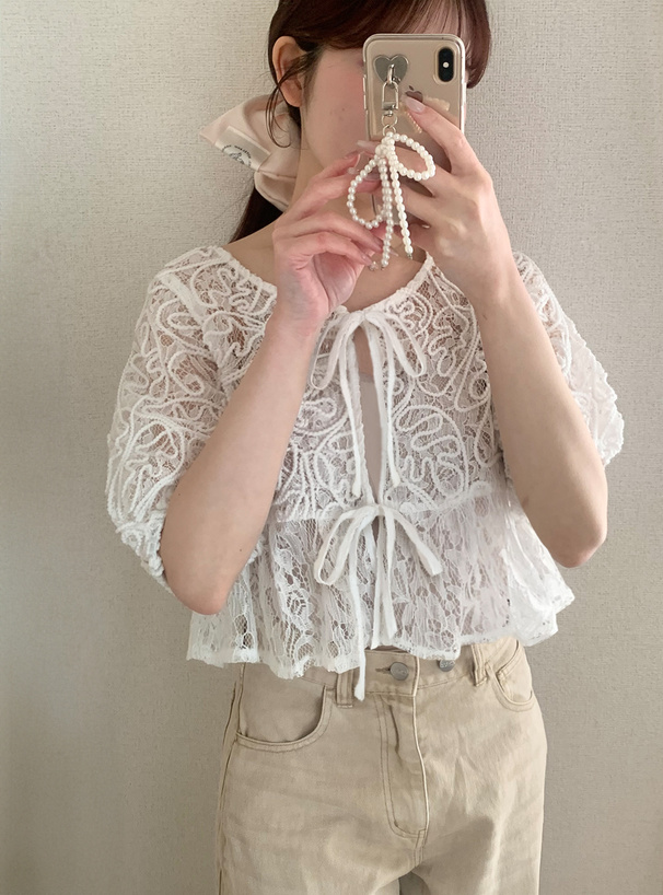 ライン刺繍レースフリルペプラムリボンブラウス[pp204