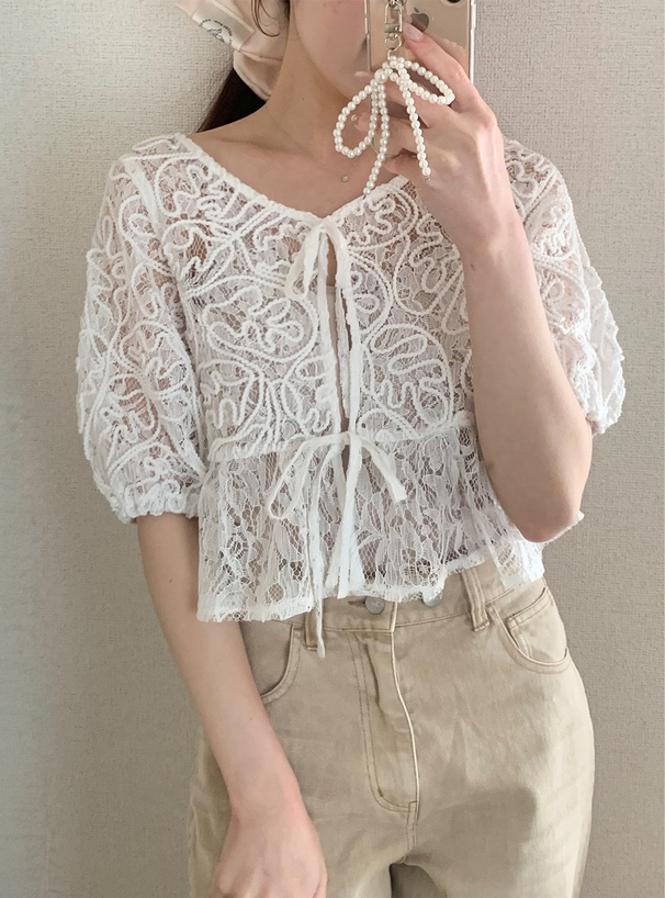 ライン刺繍レースフリルペプラムリボンブラウス