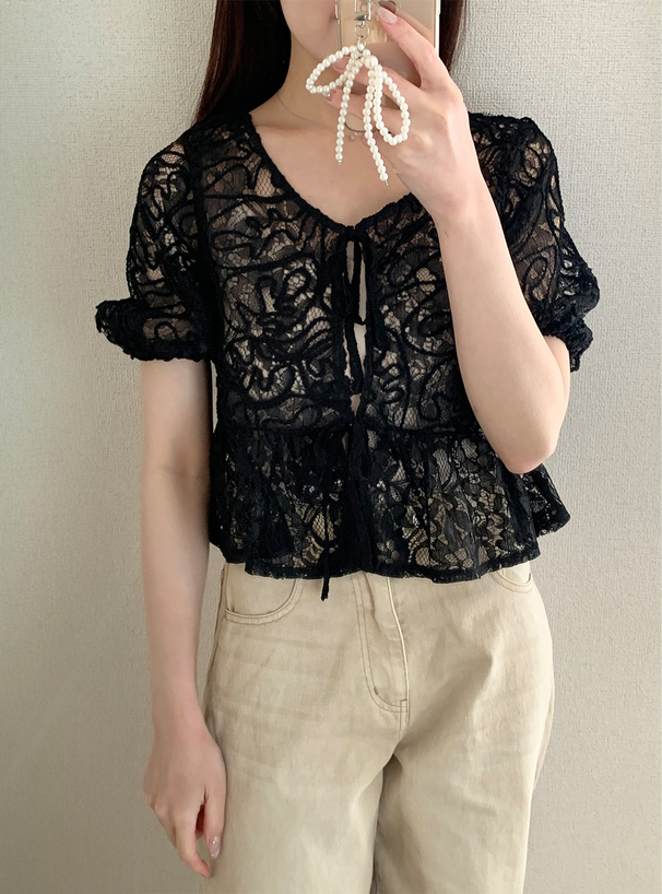 ライン刺繍レースフリルペプラムリボンブラウス
