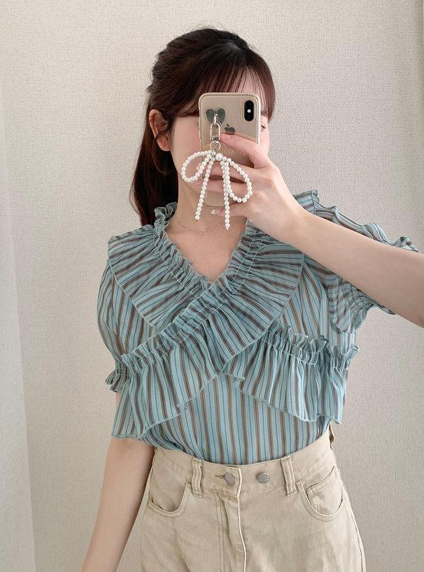 rosymonster ダブルフリルストライプブラウス rosy monster ダブルフリル ストライプブラウス