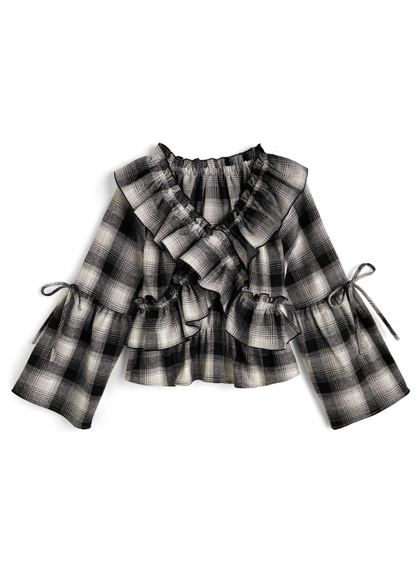 チェック柄オフショルダー2Wayフリルブラウス[pp241]
