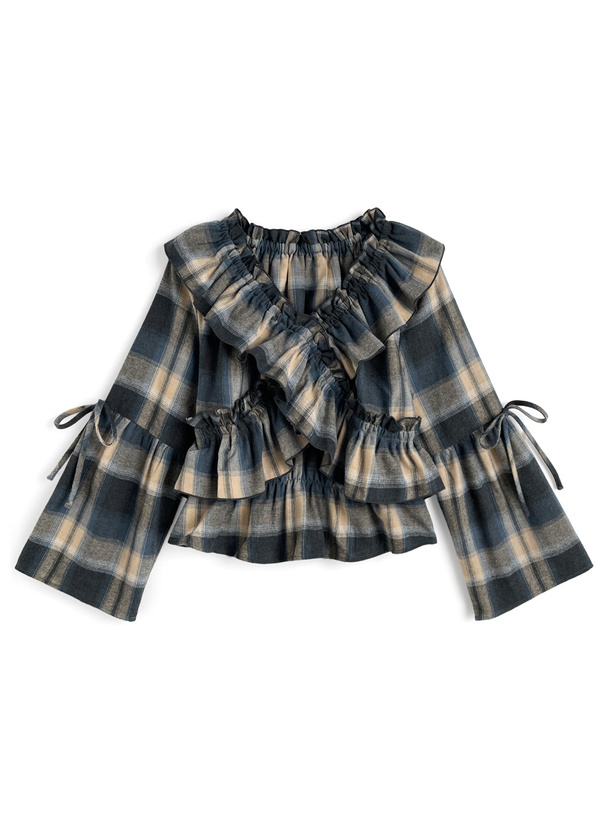 極美品*22SS プラダ 2way クロップド チェックシャツ フリル レース