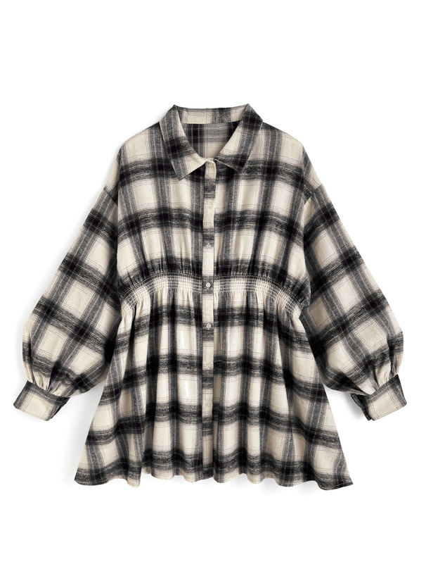 チェック柄ウエストゴムシャツワンピース