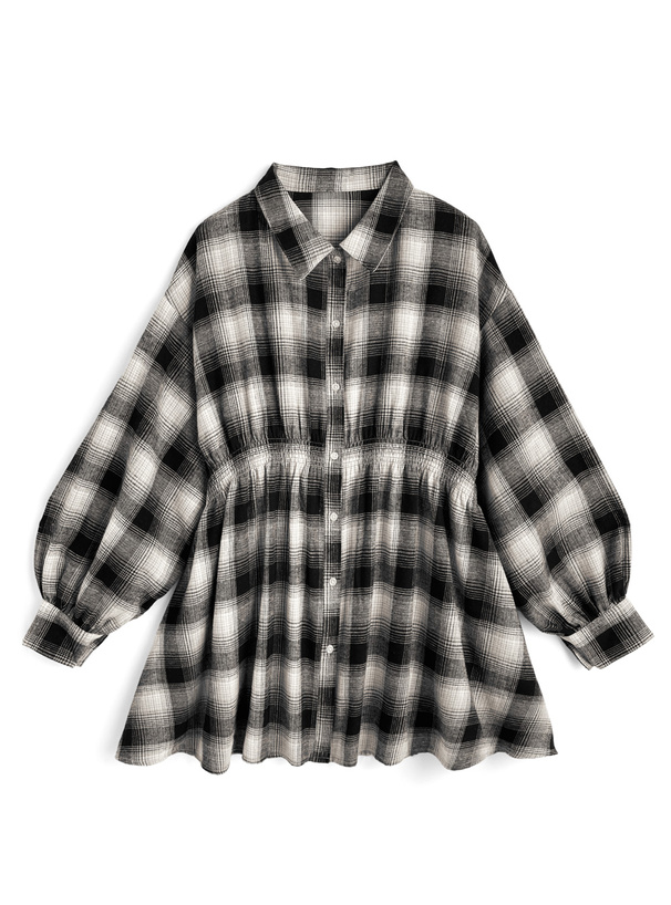 チェック柄ウエストゴムシャツワンピース
