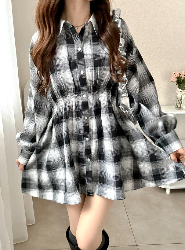 チェック柄ウエストゴムシャツワンピース