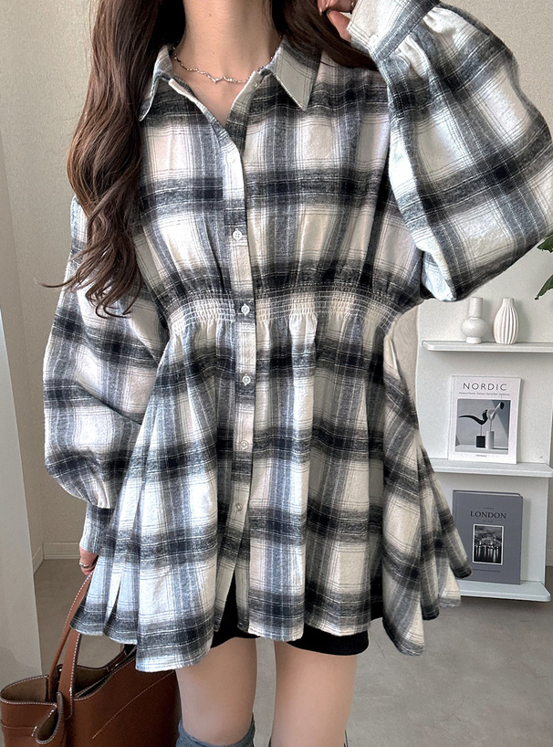 チェック柄ウエストゴムシャツワンピース