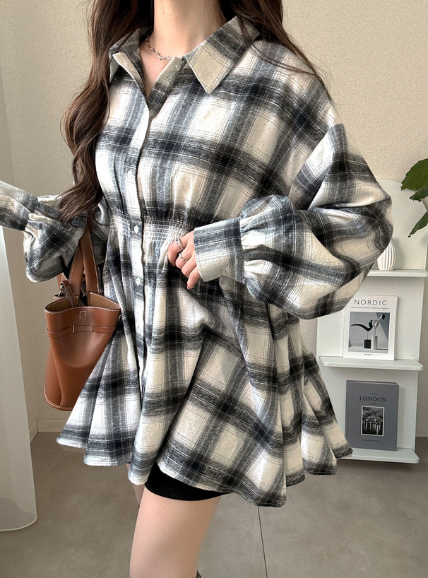 チェック柄ウエストゴムシャツワンピース