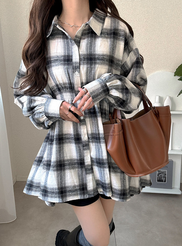 チェック柄ウエストゴムシャツワンピース