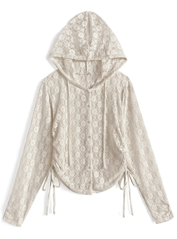 フード付きフラワーレースドロストトップス