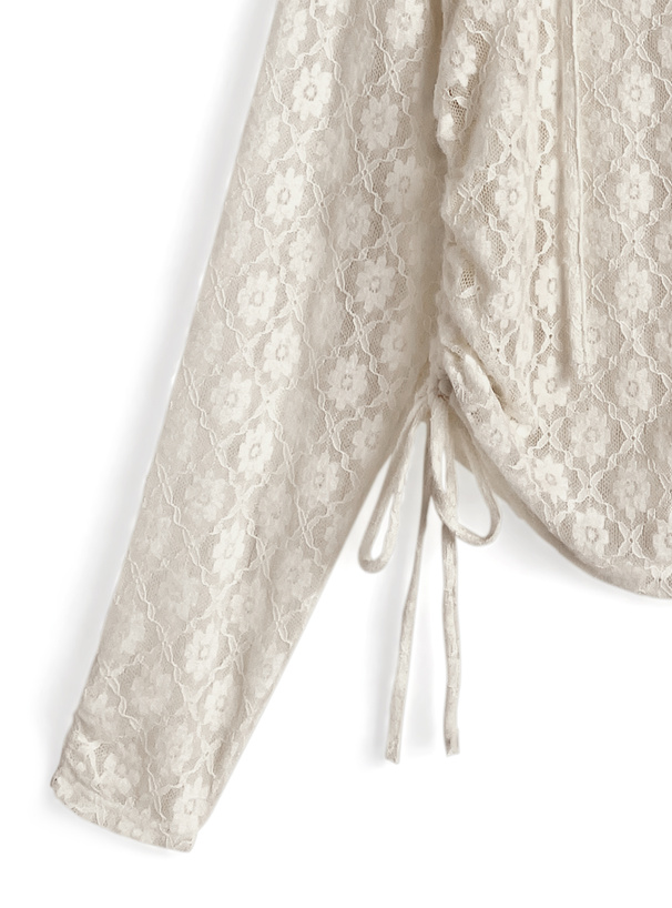 フード付きフラワーレースドロストトップス