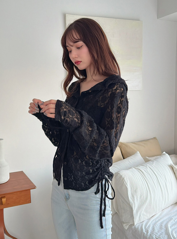 フード付きフラワーレースドロストトップス