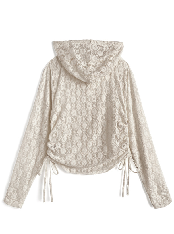 フード付きフラワーレースドロストトップス