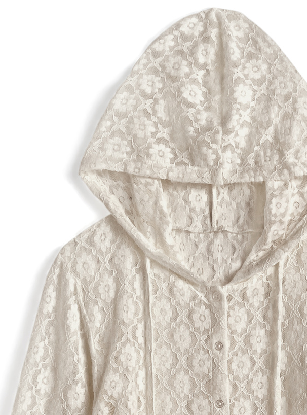 フード付きフラワーレースドロストトップス