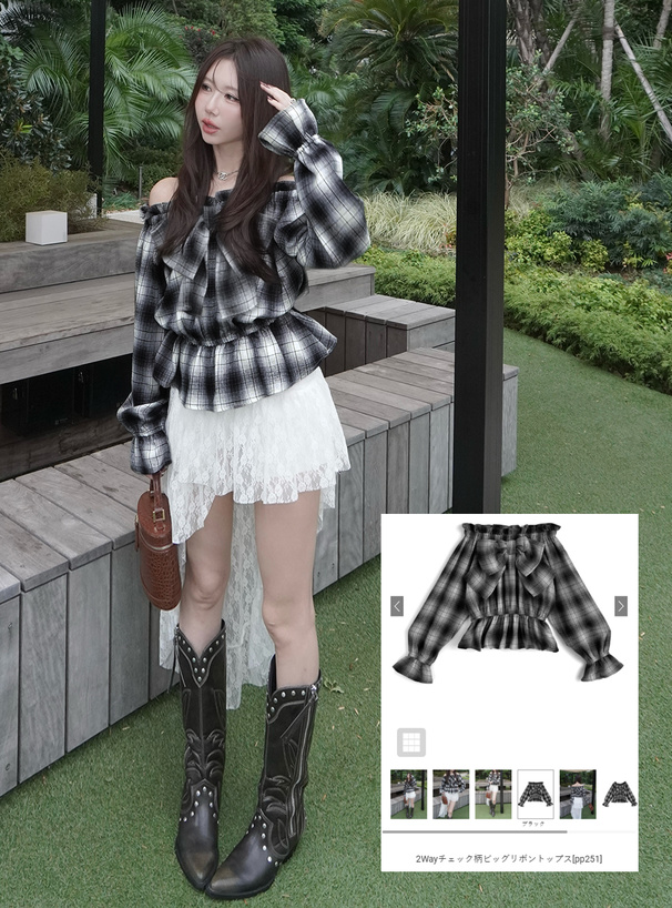 2Wayチェック柄ビッグリボントップス