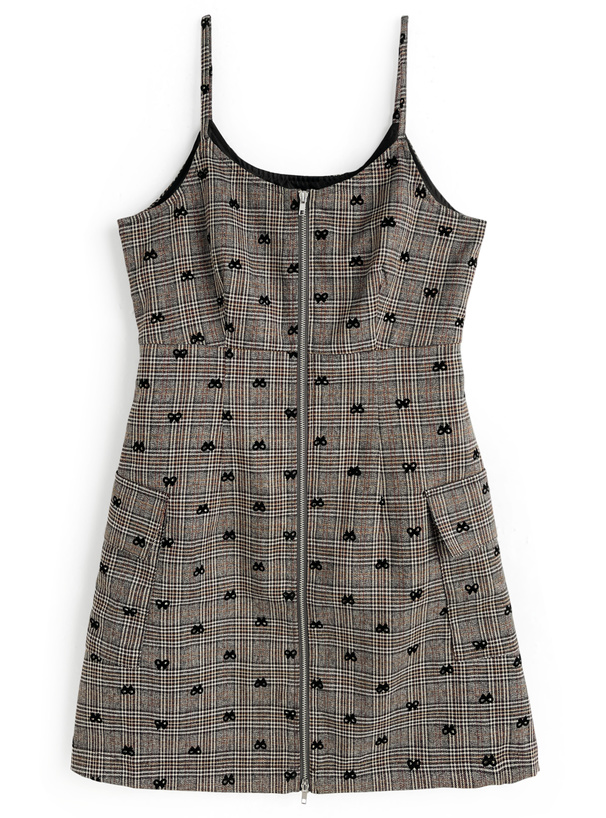 チェック柄フロッキーリボンダブルジップキャミソールミニワンピース