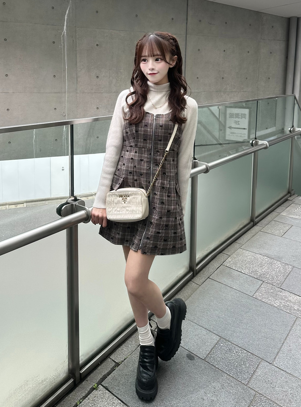 チェック柄フロッキーリボンダブルジップキャミソールミニワンピース