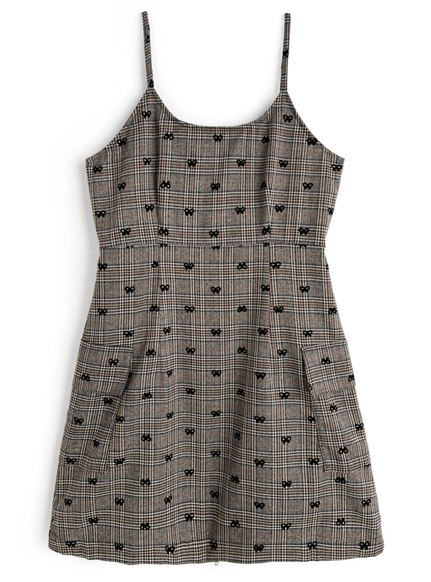 チェック柄フロッキーリボンダブルジップキャミソールミニワンピース