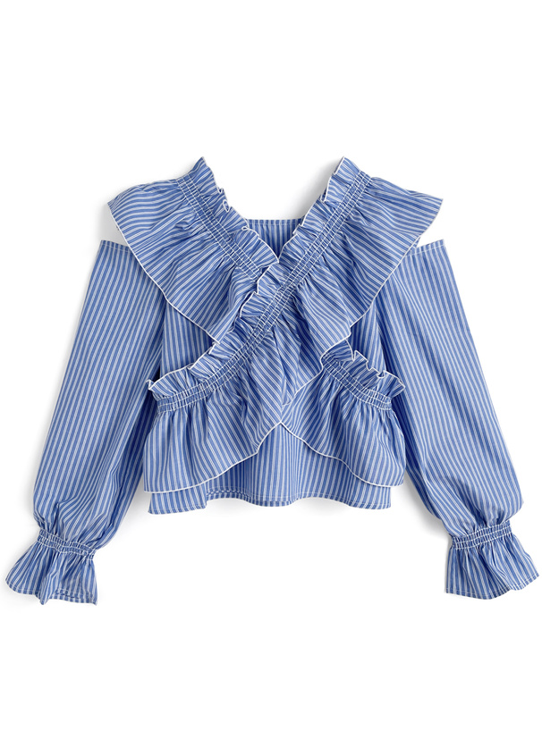 マルチWayストライプ柄クロスフリルブラウス[pp258]
