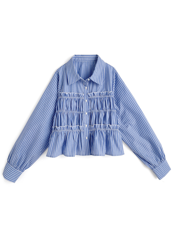 ストライプ柄シャーリングフリルブラウス[pp259] | レディース