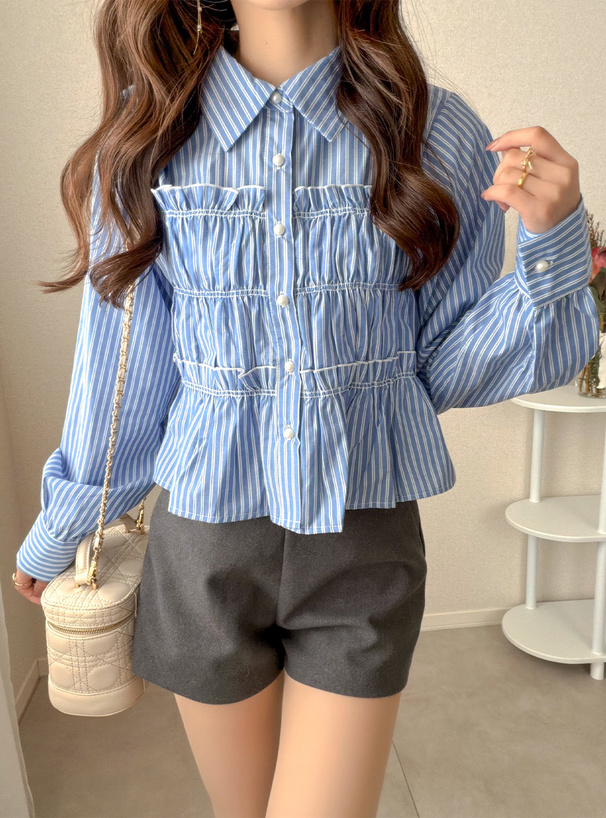 ストライプ柄シャーリングフリルブラウス