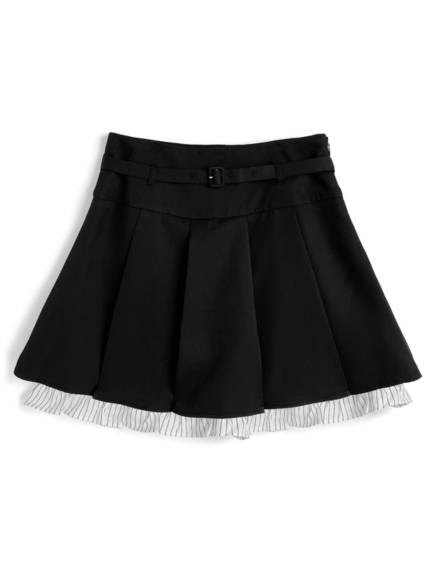 インパン裏地・ベルト付きストライプ柄ドッキングプリーツミニスカート