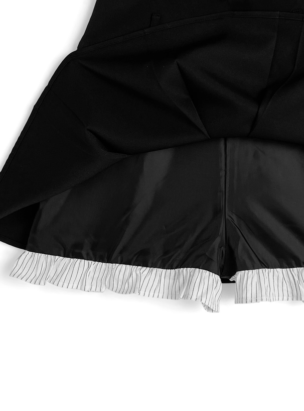 インパン裏地・ベルト付きストライプ柄ドッキングプリーツミニスカート