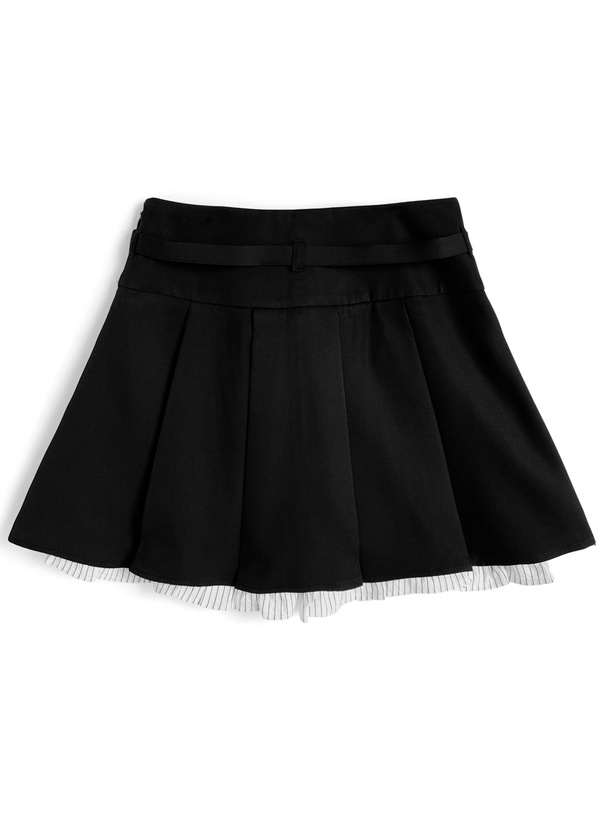 インパン裏地・ベルト付きストライプ柄ドッキングプリーツミニスカート