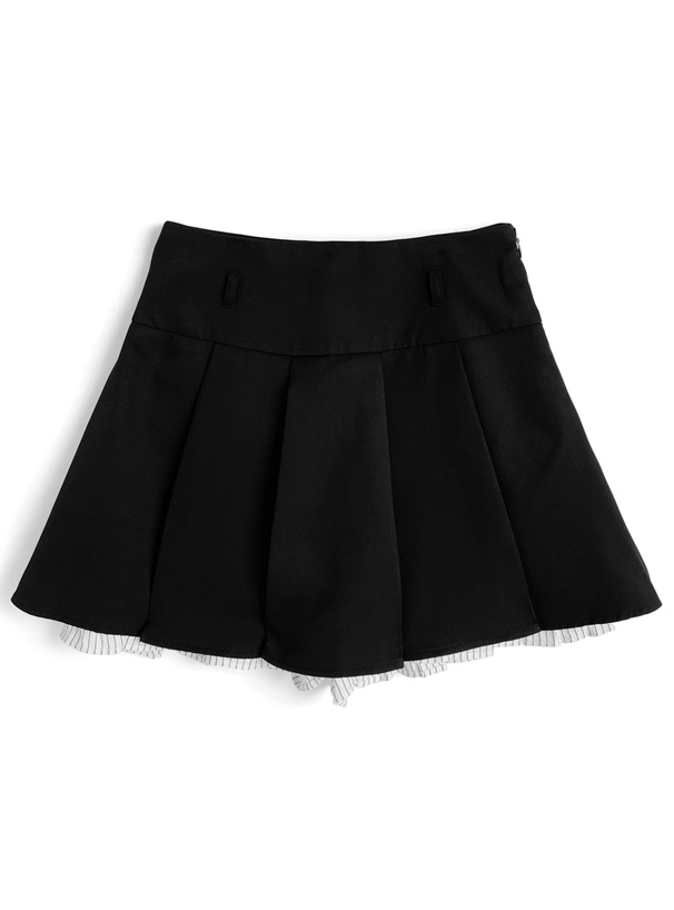 インパン裏地・ベルト付きストライプ柄ドッキングプリーツミニスカート