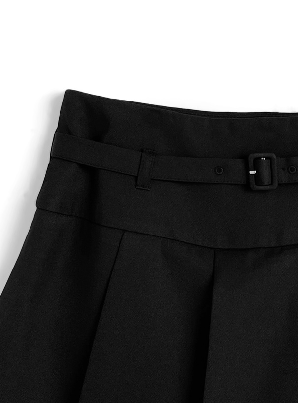 インパン裏地・ベルト付きストライプ柄ドッキングプリーツミニスカート