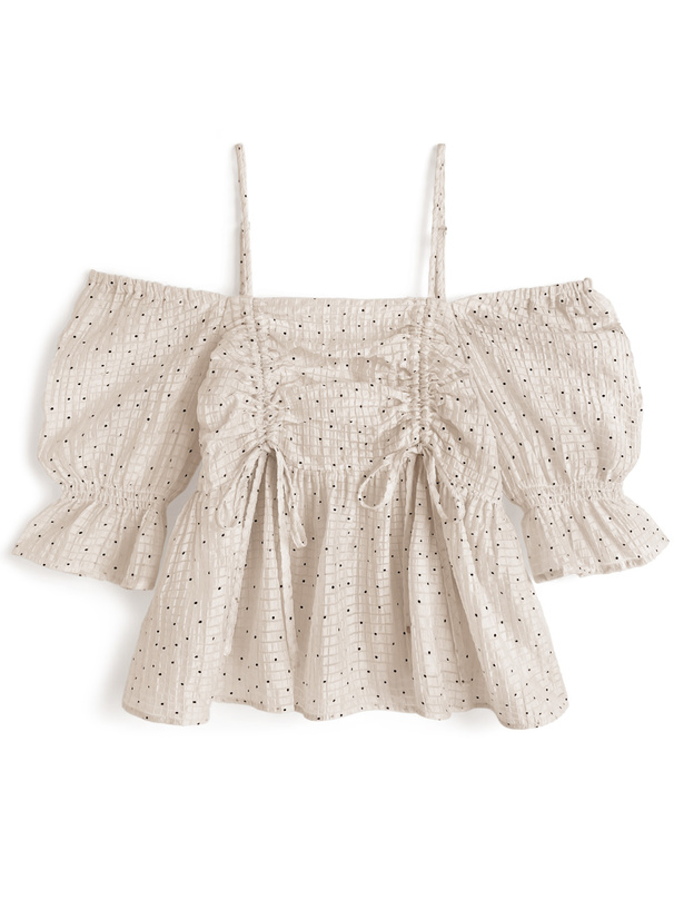 ドット柄ドロストオフショルダーシアーブラウス