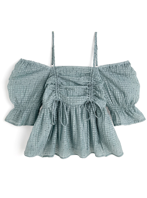 ドット柄ドロストオフショルダーシアーブラウス