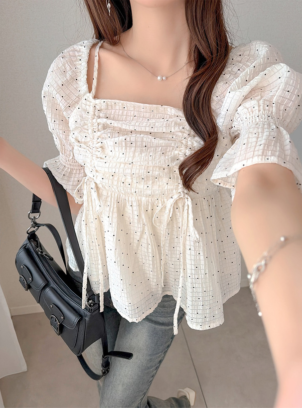 ドット柄ドロストオフショルダーシアーブラウス
