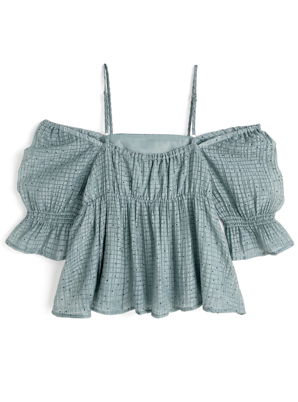 ドット柄ドロストオフショルダーシアーブラウス