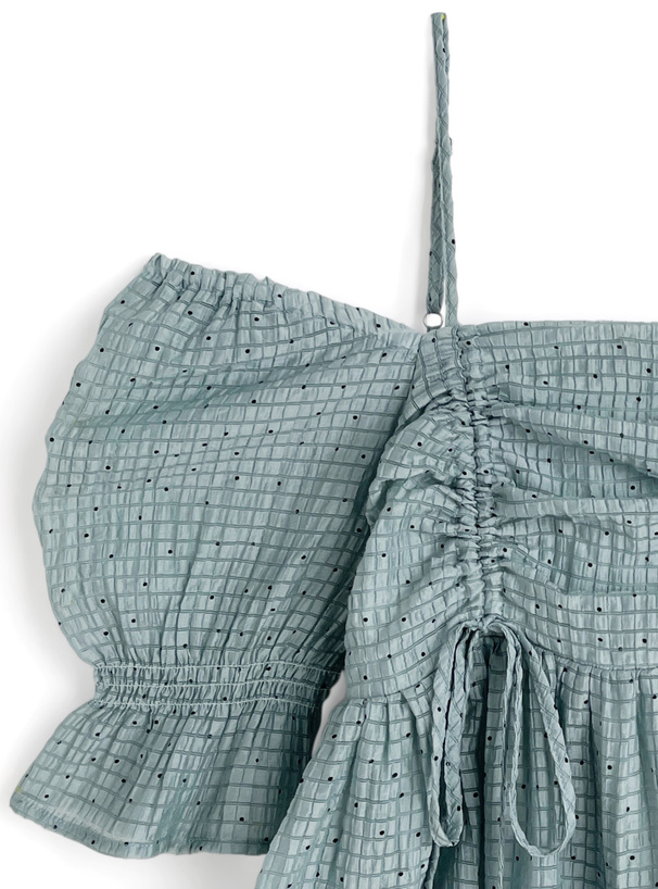 ドット柄ドロストオフショルダーシアーブラウス