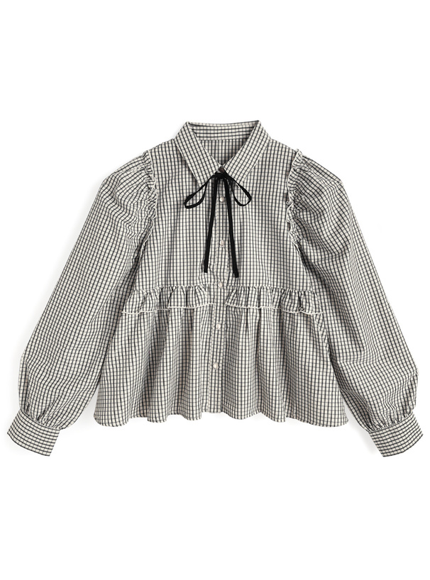 リボンタイ付きチェック柄フリルブラウス[pp266]