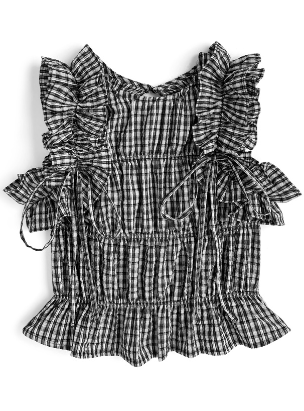 チェック柄フリルノースリーブトップス